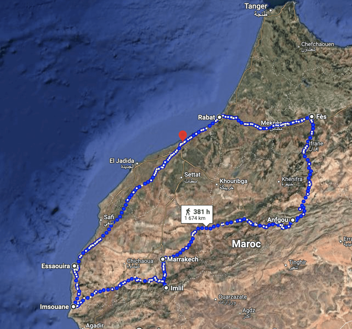 Tracé de notre itinéraire de voyage au Maroc